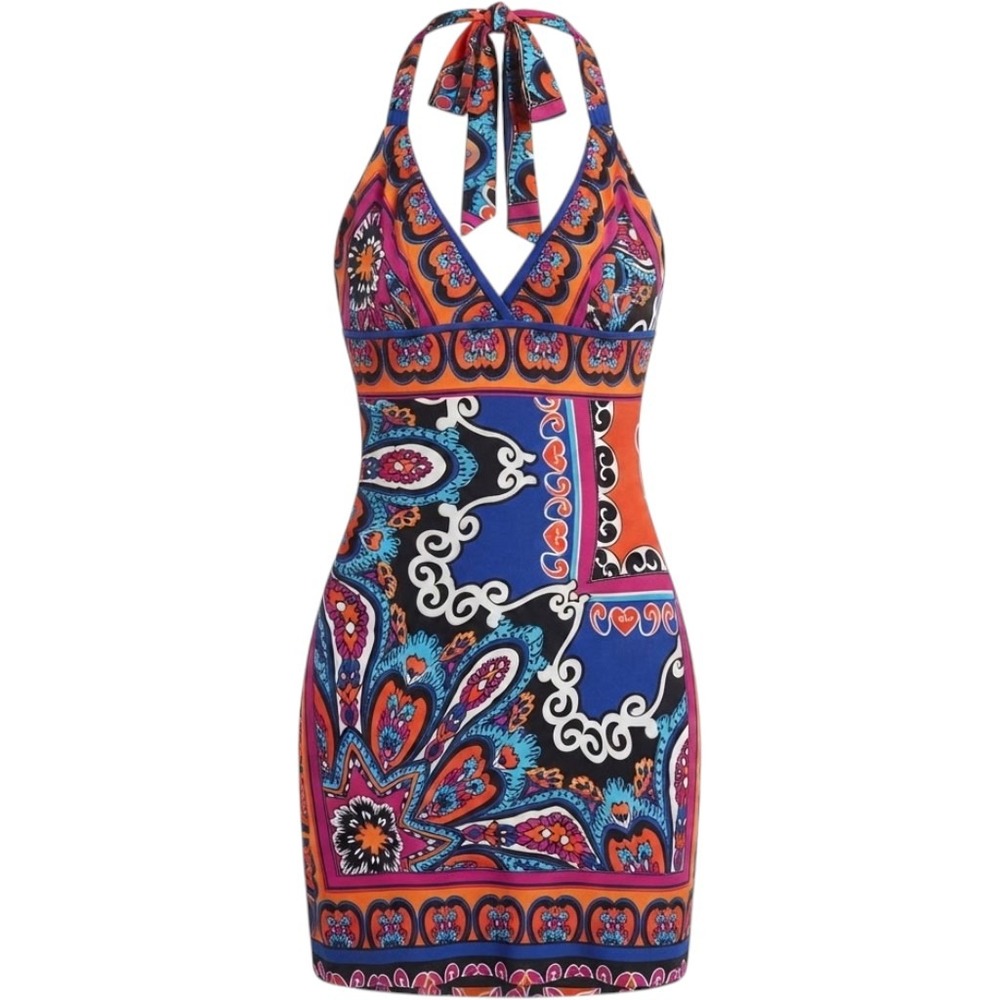 Cache Halter Paisley Bodycon Dress Size 8 Multicolor 70s Boho Style